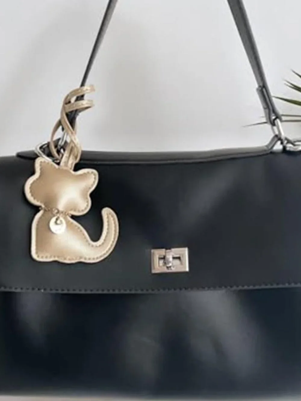 Gold Cat Vegan Leather Bag Charm Rhinestone Purse Keychain Handbag Accessory